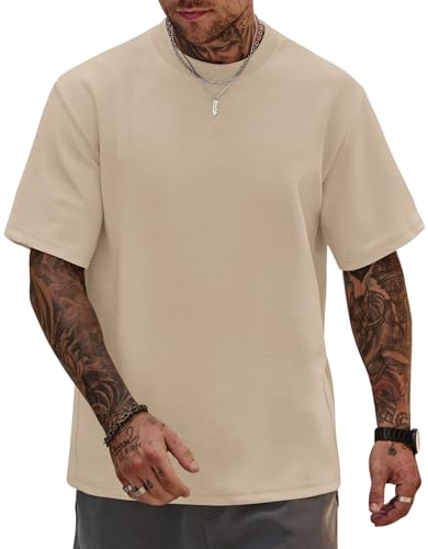 Herberton Men's Casual Fitness Top Short Sleeve Hombre Camiseta Stretch Cotton Crewneck Oversized Gym Thick Baggy Hiphop Cool Tee Khaki L