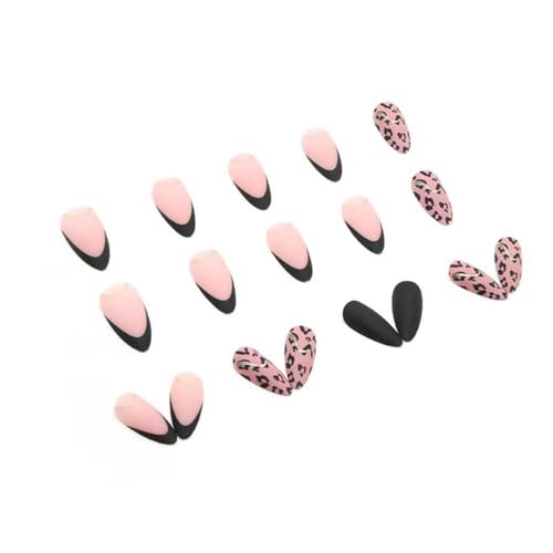 Image of Black French Tip Press On Nails - Nude Fake Nails Medium Almond False Nails with Gold Line Design Leopard Print Glue On Artificial Acrylic Full Cover Matte Stick On Nails for Women Manicure