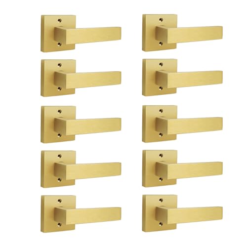 Gobrico Brushed Gold Dummy Door Handle Heavy Duty Interior Door Knob Non-Turning Door Levers Square Single Dummy Door Hardware for French Door One Side Dummy Inactive Door Handles 10 Pack