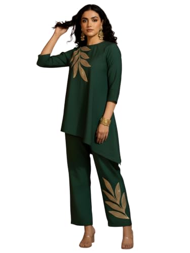Image of Women's Magenta Chanderi Sequin Embroidered Co-ord Set | Round Neck 3 /4 Sleeve Asymmetric Top with Trousers | Festive Co-ord for Party, Wedding