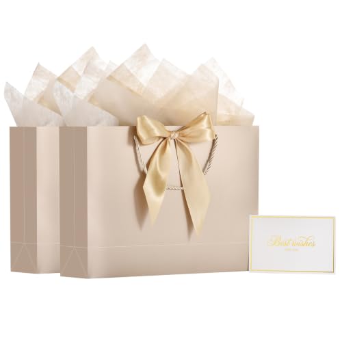 Image of Powbrace 13 inch Medium Beige Gift Bag Set with Handle - 2 Bags Featuring Bows, 4 Tissues, and 2 Greeting Cards for Wedding, Baby Shower, Father's Day, Mother's Day, Birthday Party