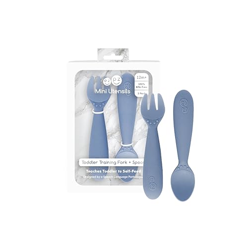 ezpz Mini Utensils - 12 Months+ (Fork & Spoon in Indigo) - 100% BPA Free Fork and Spoon - Toddler Utensils - Designed by a Pediatric Feeding Specialist