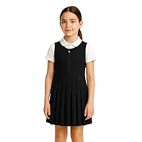 SchoolStitch® Girls School Uniform Pinafore Dress, Round Neck Sleeveless Pleated Dress, Heart Zip School Pinafore for Girls with Two Button Front, Ages 2-16 Black