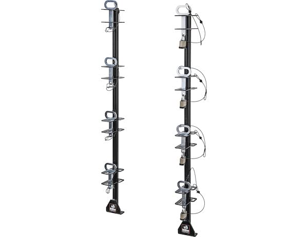Image of Buyers Products LT14 4-Position Lockable Weed Wacker /Trimmer Rack for Landscape Trailers - Adjustable, Black Powder-Coated Steel, Holds 4 Weed Eaters, Rust-Resistant Lawn Edger Rack, Made in USA