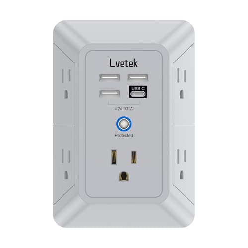 Outlet Extender, Surge Protector Outlet with 5-Multi Plug Outlet and 4 USB Ports(1 USB C), 3-Sided 1680J Power Strip Wall Charger, Multiple-Plug Outlet Splitter for Home Travel Office,ETL Listed,Grey