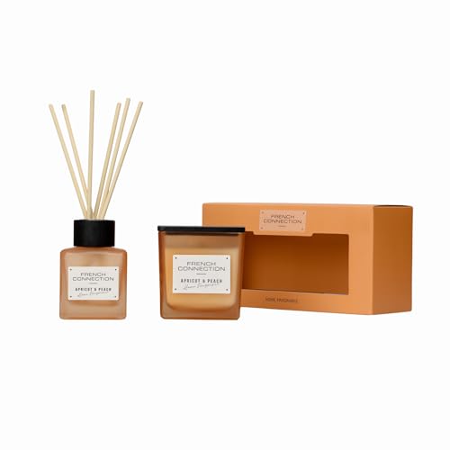 French Connection Square Range - Vela perfumada de cera de karité de 220 g y difusor de varillas de 100 ml, caja de regalo, 37 horas de tiempo de combustión (albaricoque y melocotón)