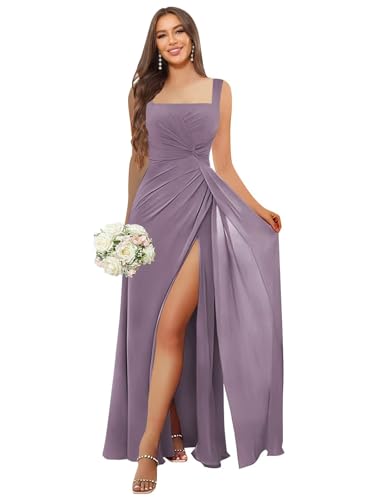 Image of HANVAIOS Square Neck Bridesmaid Dresses Long Chiffon Formal Maxi Dress with Slit