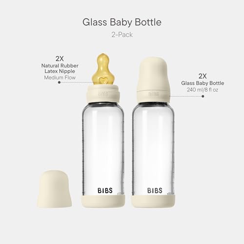 Image of BIBS Glass Baby Bottle, 4.06 oz, 2-Pack, Natural Rubber Nipple, Ivory