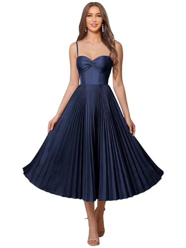 Satin Bridesmaid Dresses Spaghetti Straps Tea Length Pleated Formal Dresses for Women
