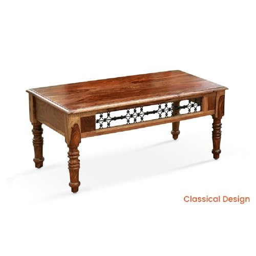 Image of Royaloak Hilton Wooden Coffee Table | Solid Sheesham Wood | Intricate Metal Jaali Work Adds Sophistication | Ample Surface Area | Timeless Center Table | Durable & Long Lasting Coffee Table