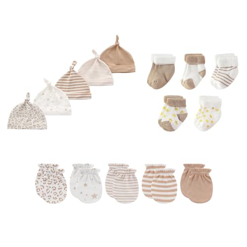 Image of JELYLOVE 15 Pack Unisex New Born Boy Girls Hats Mittens Socks Sets Cotton Soft Infant Accessory 0-6 Months Baby Essentials