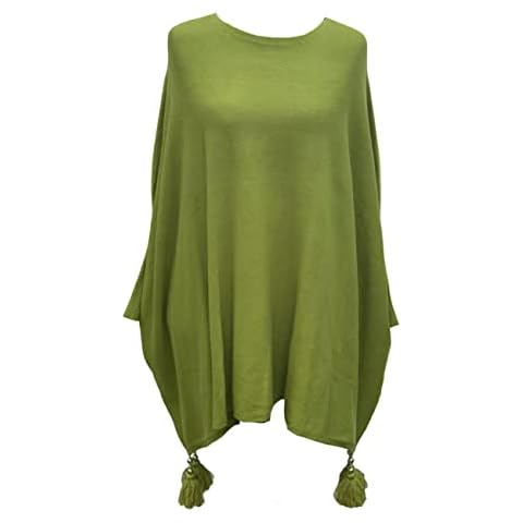 Italian Ladies Crewneck Batwing Sweater Tassels Poncho Winter Fashionable Wrap Lagenlook Lightweight Knitted Quirky Cape Cardigan Jumper for Women Plus Size (Lime) Cover