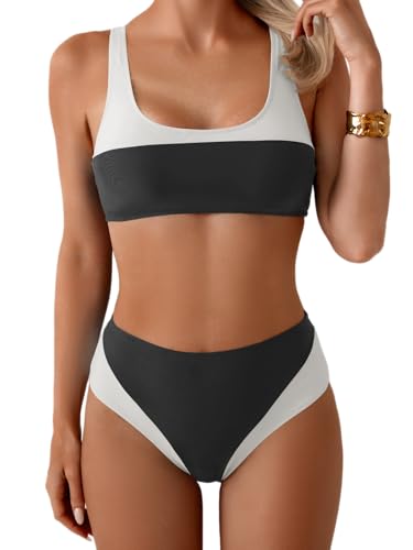 B2prity Women's Bikini Set Two Piece Swimsuit Color Block Slimming Bathing Suit High Waisted Scoop Neck Swimwear