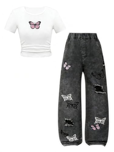 Image of Azmxynol Tween Girl Clothes Short Sleeve Top + Butterfly Design Jeans 2 Pieces Spring Summer Outfit Set, Size 6-16 Years