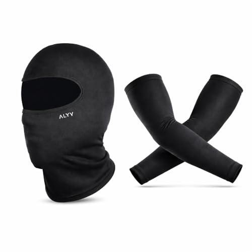 Image of ALYV Balaclava Face Mask with Compression Arm Sleeves Combo for Men & Women | UV Protection Breathable Sports Mask & Arm Sleeves for Bike Riding, Cycling, Gym & Running (Black)