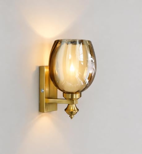 Image of Premium Gold Finish Elegant Amber Glass Shade Wall Light for Bedroom, Living Room, Restaurants, Dining, Coffee Shop, Home and Office Decorative Wall Sconce Light Fixture (Without Bulb)