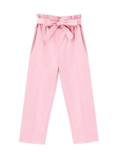Image of GERU Girls High Waist Belted Paperbag Pants Casual Fit Elastic Tapered Trousers with Pockets 4-12 Years