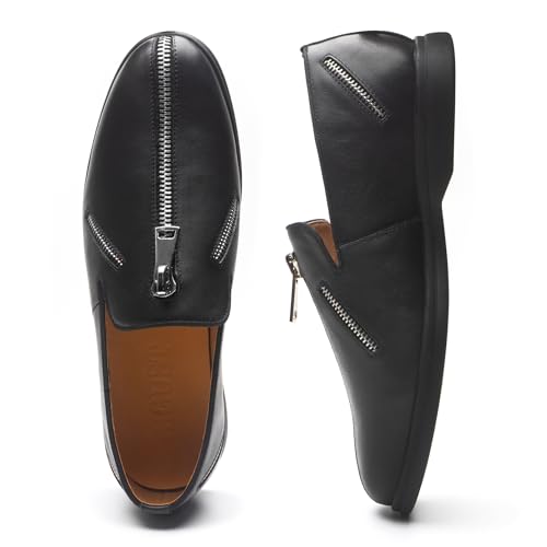 Men's Genuine Leather Loafers -Wide Fit Loafers for Business Casual & Daily Wear | Breathable & Comfortable, Decorative Zipper Slip On (Black)