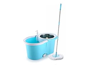 Ganesh Quick Steel Spin Mop, Round Plastic Bucket Floor Cleaning Mop with Bucket, Pocha for Floor Cleaning, Mopping Set (Blue, Set of 2 Microfiber Refills)