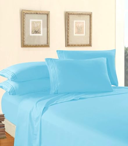 Elegant Comfort Luxury 1500 Premium Hotel Quality Microfiber 4-Piece Sheet Set - Wrinkle Resistant, All Around Elastic Fitted Sheet, Deep Pocket up to 16", RV Short Queen, Aqua