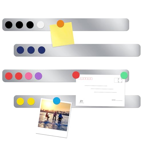 Quuylin 4 pezzi di Strisce Magnetiche per Bacheca in Ferro Inossidabile, 30x3cm Lavagna Magnetica, Autoadesivo con 12 pezzi di Magneti Colorati, per Ufficio, Lavagna Magnetica, Parete Fotografica