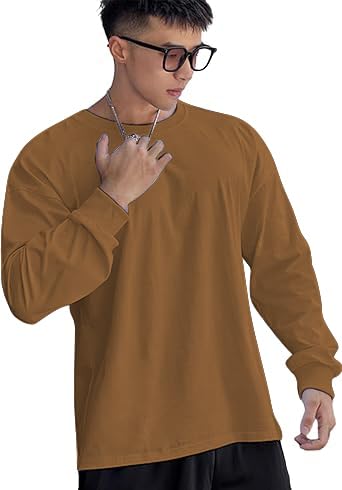 Image of CHKOKKO Men's Polyester Oversized Fit Oversized Solid Round Neck Full Sleeve Tshirts