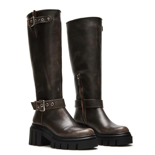 Seborluys Women's Knee High Riding Boots Side Zipper Platform Chunky Block Heel Motorcycle Boots Fashion Buckles Biker Tall Boot3