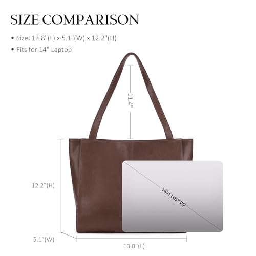 Image of befen Genuine Leather Tote Bag for Women Work Travel Leather Purse Handbags | Real Leather, Padded 14 inch Laptop Compartment, Multi-Pockets, Zipper, Tote Bag for Daily