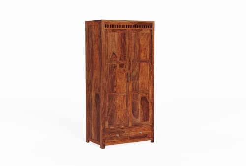 Image of Wooden 2 Door Wardrobe for Bedroom, Almirah with 2 Drawers & Multiple Shelves Storage, Solid Sheesham Wood, Honey Finish