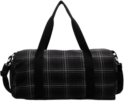 Kwueiit 大容量ポータブルトラベルバッグ シューズコンパートメント付き 乾湿分離チェック柄 フィットネスバッグ プルロッド付き (ブラック)