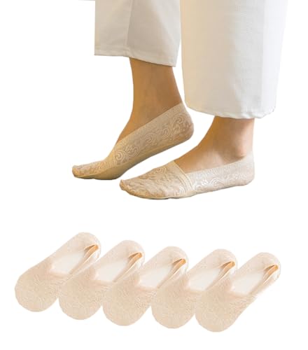 Women's No Show Socks, 5 Pack Lace Cotton Non Slip Flat Boat Invisible Low Cut Liners Sports Ankle Socks