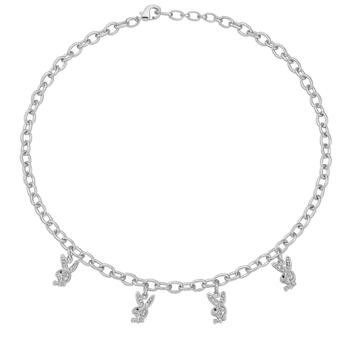 Cute Bunny Charm Necklace for Women Girls Silver Chain Choker with White and White Rhinestone Animal Pendants Kawaii Jewelry Gift for Bunny Lovers