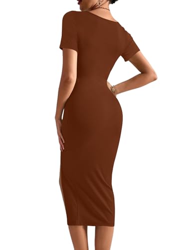 Image of Rooscier Women's Twist Cutout Waist Split Crewneck Short Sleeve Bodycon Midi Dress
