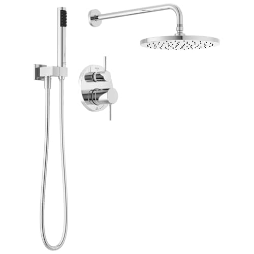 Image of Delta Modern 14 Series Round Rain Shower System Faucet Set, Rainfall Chrome Shower Head and Handle Set, Valve Trim Kit, 10 Inch, Chrome T342702 (Valve Not Included)