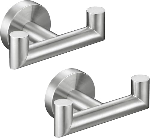 YUET 2 Pièces Double Crochet Mural de Salle de Bains, Acier Inox SUS 304 pour Peignoir, Porte Serviette, Accroche Torchon Cuisine, Patère à Peignoir, Argent Brossé