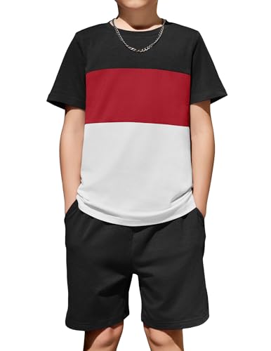 Image of Arshiner Boys' 2-Piece Cotton Outfit Color Block T-Shirt and Shorts Set Summer Camo Clothes for Kids 5-14 Years