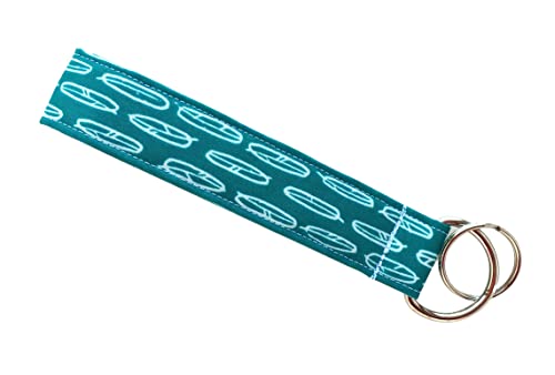 Keychain Wristlet - Teal Blue with White Feathers - 100% Organic Cotton Fabric Key Wrist Lanyard