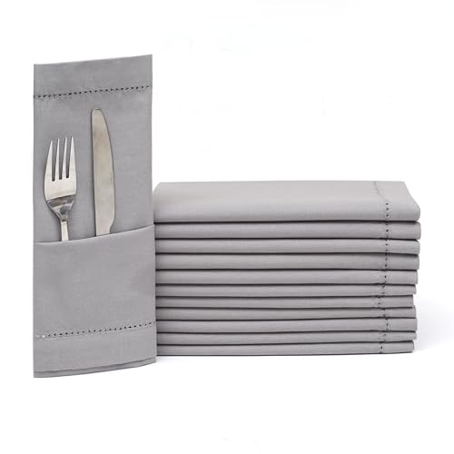Everyday Cloth Dinner Napkins, Cloth Napkins, Cotton Cloth Wedding Cocktail Napkins for Daily Use & Events, Mitered Corners & Generous Hem, Machine Washable - 18x18 Inch 12 Pack - Ash Grey