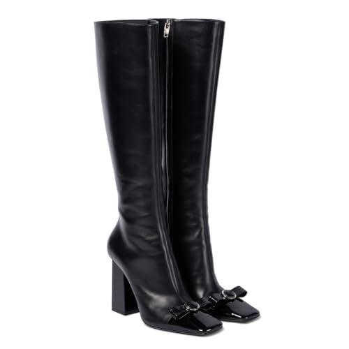Women's Bow Knee High Boots Bowknot Square Toe High Heel Booties Sexy Block Heel Long Boots with Side Zipper