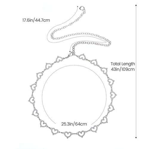 JIEYAO Waist Chains Belts for Women, Heart Rhinestone Silver Chain Belt Adjustable Metal Link Body Chain for Jeans Dress3