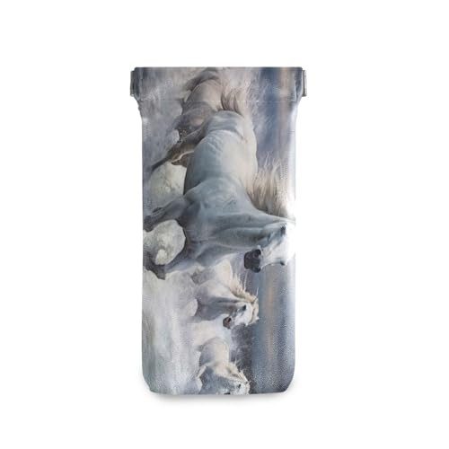 FLildon Running White Horses Eyeglasses Pouch Squeeze Top Sunglasses Case Soft PU Leather Eyeglass Bag for Men Women