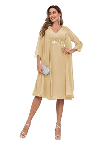 BANTRATIC 2 Pieces Mother of The Bride Dresses for Wedding Chiffon V Neck 3/4 Sleeves Short Formal Party Gown with Jacket
