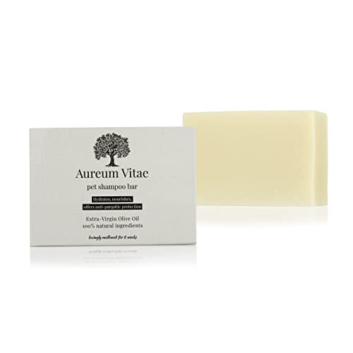 AUREUM VITAE 엑스트라 버진 올리브 오일 도그 샴푸 바 100GR | 모든 품종 및 코트 유형용 | 글루텐 및 잔인성 무료 | 친환경 및 플라스틱 프리 | 애완동물 냄새 제거제 및 모든 건강 성분