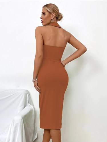 Image of Sugathari Solid Women V-Neck Ribbed Knit Sleeveless Bodycon Dress (MIDI 103)