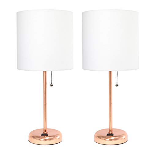 Simple Designs LC2001-RGD-2PK Rose Gold Stick Table Lamp Set with Charging Outlet and White Fabric Shades, 2 Pack Set