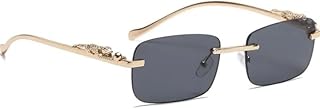Specoo Rimless Sunglasses with Gold Frame, Decorative Temple Design, Dark Grey Lenses, Rectangular Shape