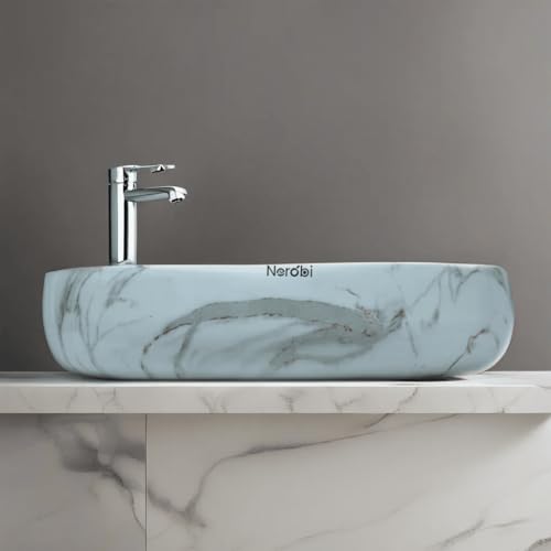 Image of Designer Counter Top Wash Basin | Tabletop Ceramic Bathroom Sink | Wash Basin Over Counter | Wash Basin For Bathroom, Living Room (24 x 15 x 6 Inch) (White N Grey Strip)