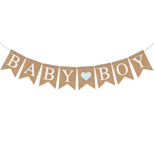 Pre-Strung Baby Boy Burlap Banner Gender Reveal Banner for Baby Shower Party Decorations (Light Blue Heart)