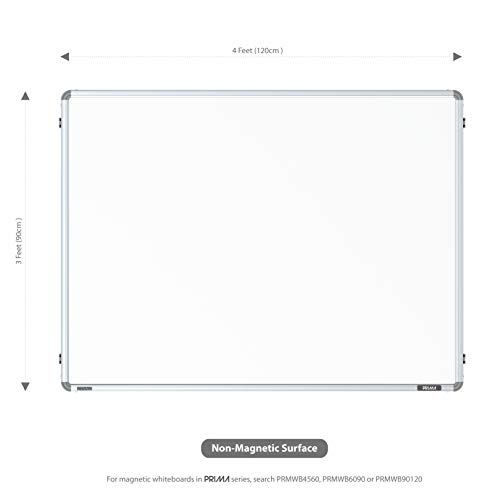 Pragati Systems Prima Melamine (Non-Magnetic) Whiteboard for Classroom, School & Teaching with Heavy-Duty Aluminium Frame | Durable & Long Lasting White Marker Board | Large Size 3x4 Feet (Pack of 1)