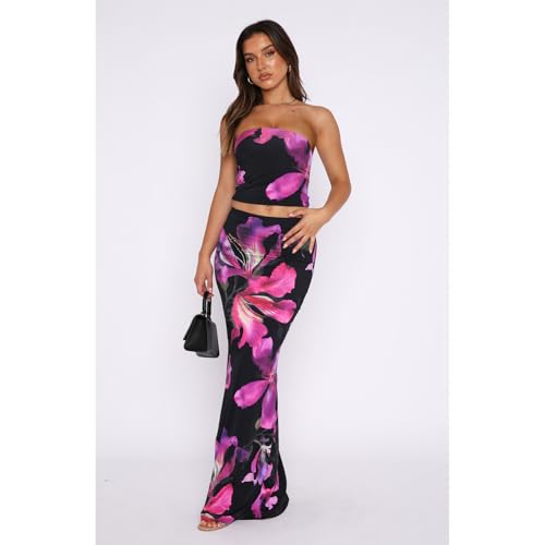 Image of Goafuliy 2 Piece Skirt Sets for Women Summer, Floral Sleeveless Tube Top Bodycon Maxi Skirts Y2k Vacation Going Out Outfits